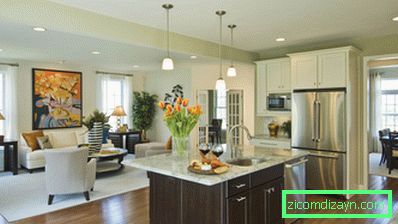 Moderné-soft-vápenato-zeleno-kuchyňa-a-obývacia izba-s-modernom dome-interiér-designu-kuchyňa-ostrov-s mramor pult-a-moderný armatúr-PLUS-závesná lampami